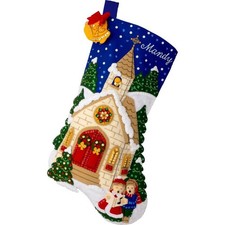 Bucilla Felt Applique Christmas Stocking Kit YULETIDE CHAPEL 18 in