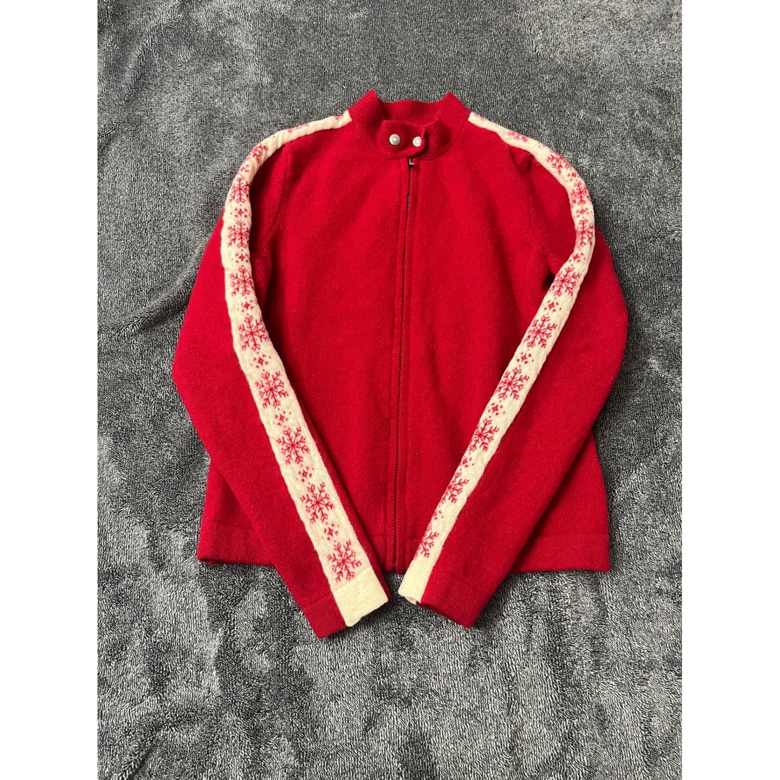 Vintage Ralph Lauren Red Lambswool Full Zip Snowflake Stripe Cardigan Sweater