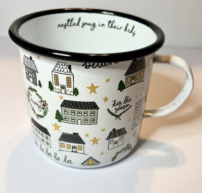 Creative Co-op Christmas Theme Enamel Mug Gold Stars Houses & Merry Messages