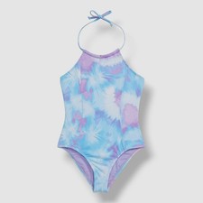 Hobie Girl's Blue Purple Tie Dye One-Piece Halter-Neck Swimsuit Size 7