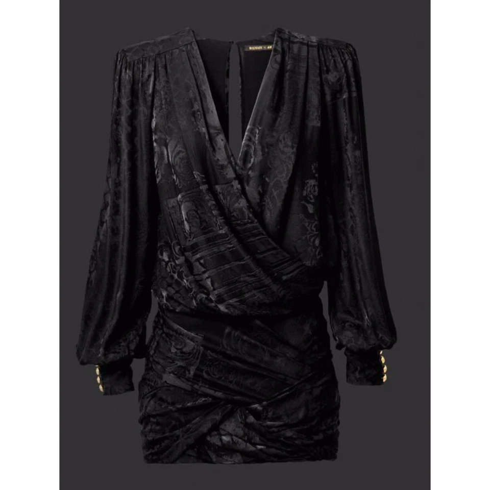 BALMAIN X H&M 黑色丝绸低帮 V 领垂褶围裹迷你连衣裙 4 码 — 第 2/4 张图片