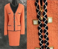 BEAUTIFUL St John collection knit orange black multi jacket skirt suit 12 14