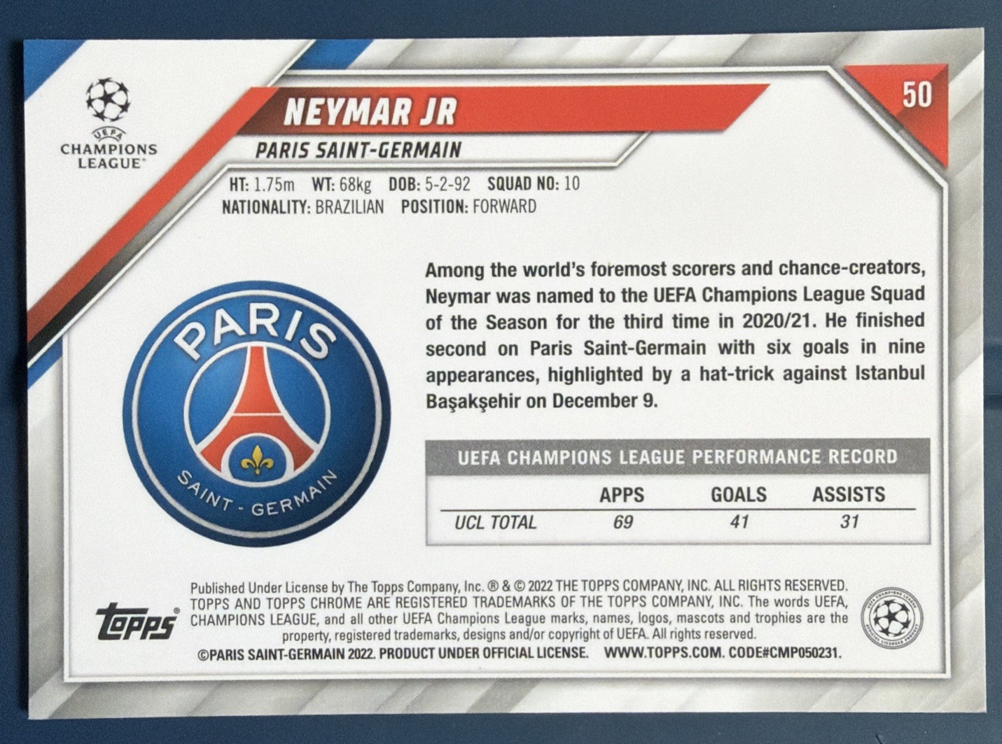 2021-22 Topps Chrome Uefa Champions League - Neymar Jr #50 view 2