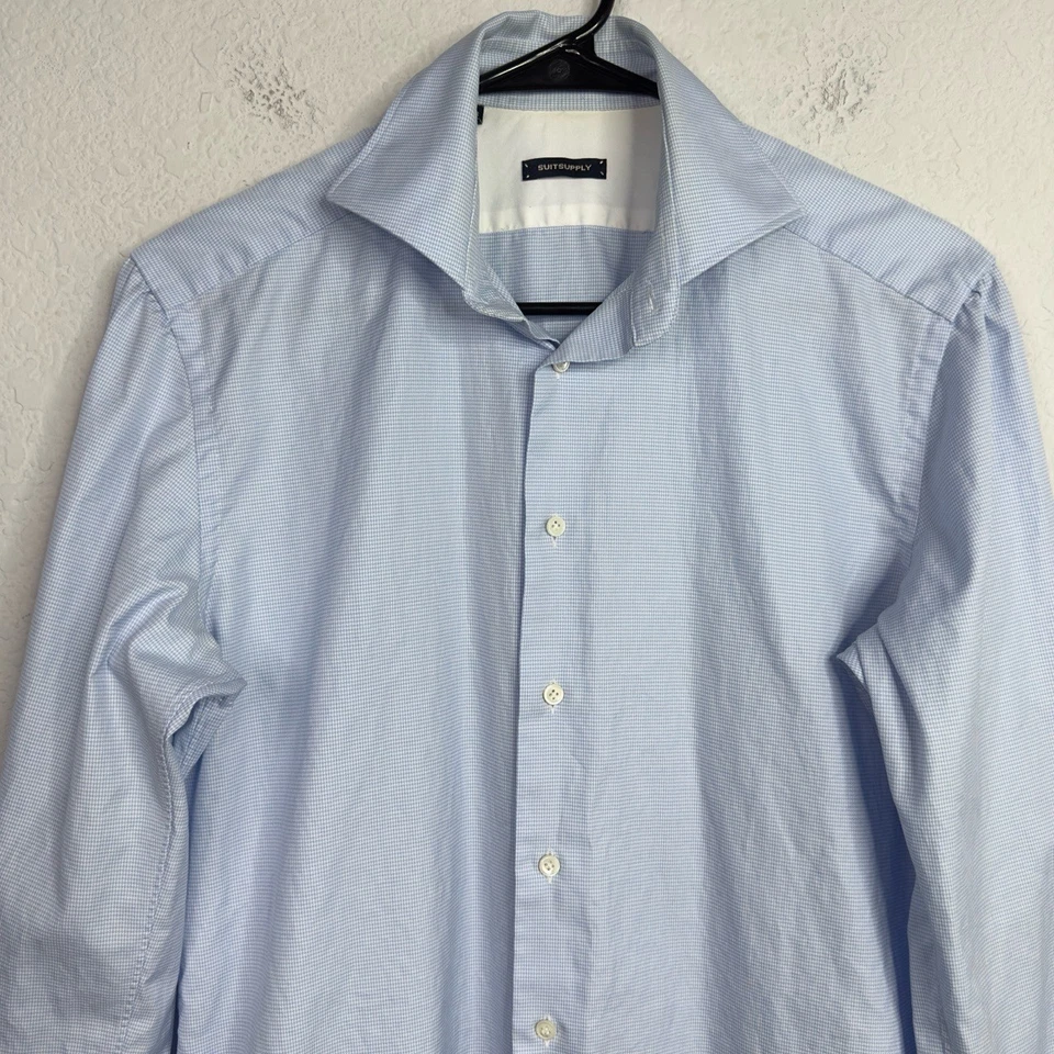 Camisa Suitsupply Para Hombre 38/15 Azul Pata de Gallo Botón Manga Larga Carrera Preppy Foto 3 de 4