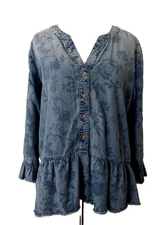 MULTIPLES BLUE SOFT DENIM PEPLUM TOP FLORAL 3/4 SLEEVE V-NECK RAW HEM BUTTON MED