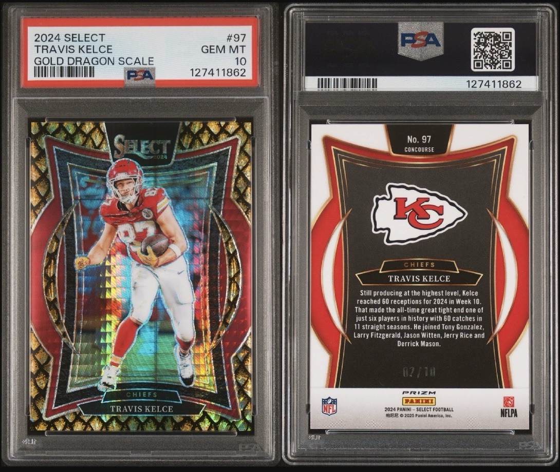 TRAVIS KELCE 2024 Panini Select #97 Concourse Gold Dragon Scale  /10 PSA 10 view 3