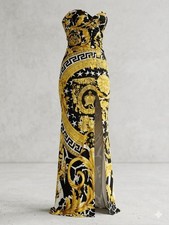 Versace Barocco Greek Key Star Strapless Ruched Draped Maxi Dress Gown Italy 44