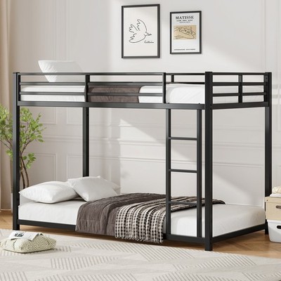 Twin Over Twin Metal Bunk Bed, Low Bunk Bed with Ladder, Bed Frame,Black