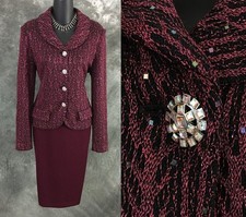 BEAUTIFUL St John evening knit burgundy red multi rhinestone skirt suit size 4 6
