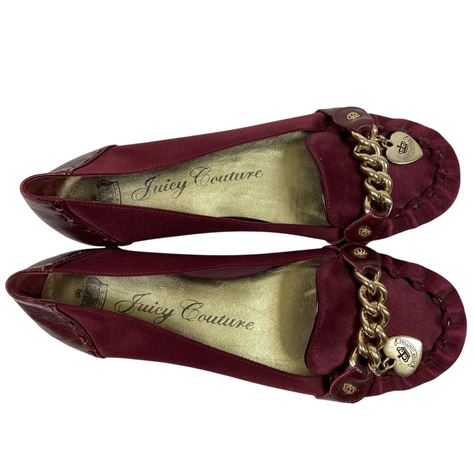 Juicy Couture Vintage Y2K Burgundy Velvet Loafers Gold Chain Crown Accents 7.5 - Image 3 of 4