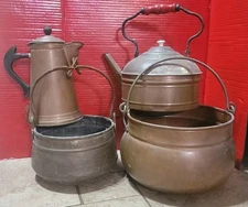 19th Century Copper Cowboy Cooking Pot Bucket Cauldron Wood Handle Coffee Tea