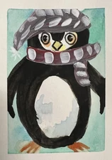 ACEO Art Card Original OOAK Mixed Media Penguin Bird Watercolor Painting