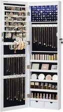 SONGMICS 6 LEDs Mirror Jewelry Cabinet, 47.2-Inch Tall Lockable Wall or Door