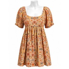In the Beginning Boho Babydoll Orange/Brown Mini Dress  - Size L
