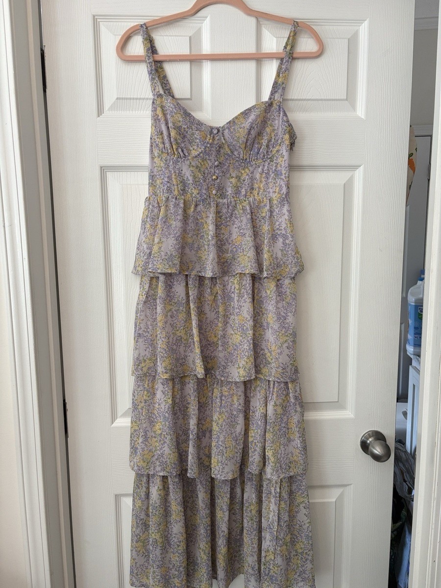 floral chiffon tiered maxi dress astr the label ASTR the Label | Adamaris Floral Ruffle Halter Maxi Dress in Blue Floral