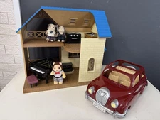 Sylvanian Families Blue Roof House Red Car Set with Doll and Piano