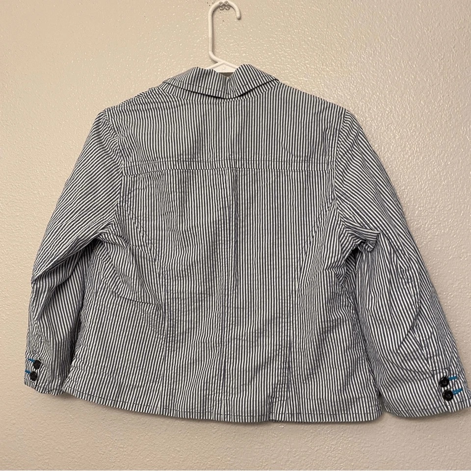 Old Navy Blue White pinstripe Seersucker Blazer one button 3/4 sleeve nautical L - Image 2 of 4