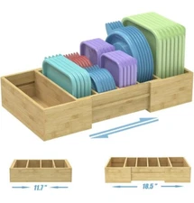 Expandable Bamboo Food Container Lid Organizer, Lid Organizer for Cabinet, Adjus