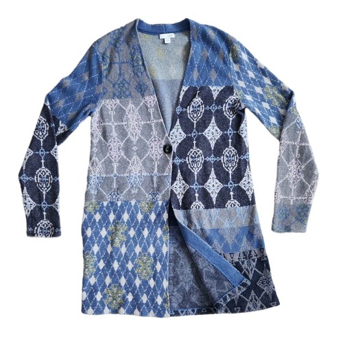 J. Jill Patchwork Cardigan Sweater Jacket One Button Women Small Blue Knit - Picture 3 of 11
