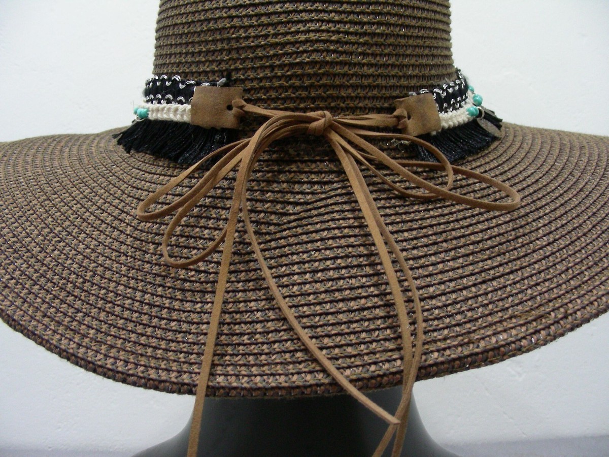 Royal Road Straw Beach Hat Brown One Size Wide Brim Braided Wrapped Pool Summer Royal Road Trading Co Yellow Straw Sea Shell Accent Straw  main image 4