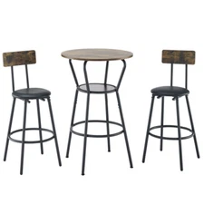 3pcs Round Bar Table Set Industrial Dining Kitchen Pub Bar Stools PU Soft Seats