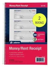 (2-Books) Adams Money / Rent Receipt Book, 2-Part Carbonless, 7-5/8" x 11"