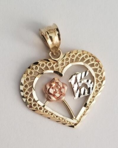 14k Real Solid Tri Tone Gold quince 15 anios Heart Flower Pendant - Picture 2 of 7