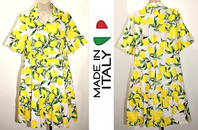 FRANCESCA BETTINI Linen-Cotton Short Sleeve Lemon-Print 36''Long Shirt Dress sz S