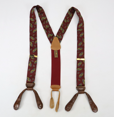 #ad #ad Trafalgar Braces Silk Burgundy Paisley Leather Button Braces Vintage $29.95