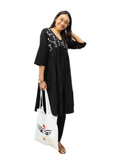 Embroidered Cotton Co-Ord Set for Women  Black Kurta Set  Indian V-Neck 2-Piec