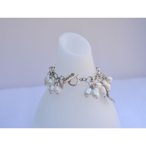Silpada Cha Cha Sterling Silver Dangle Bracelet Leaf Charms Freshwater Pearls - Picture 3 of 6