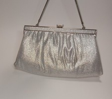 Vintage Purse Metalic Silver Fabric Bag Clutch Chain Handle Ande
