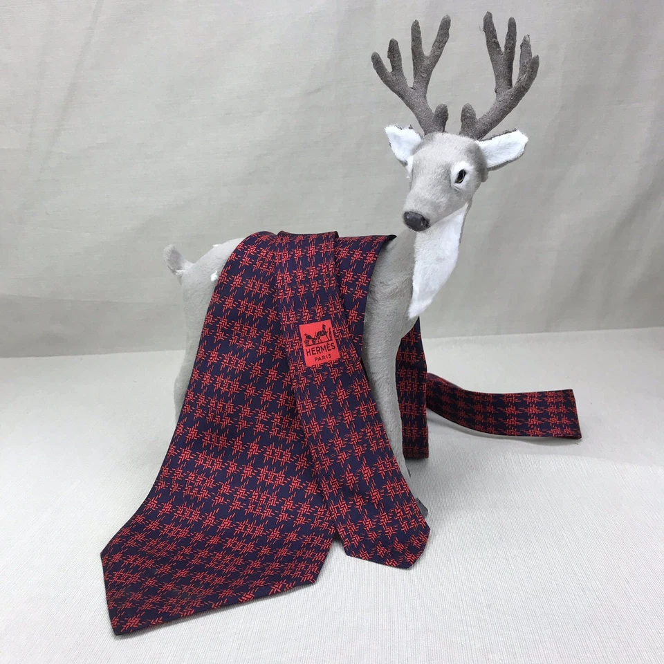 Corbata Hermes Vintage Auténtica Francia 100% Seda Roja Azul Marino Foto 4 de 4