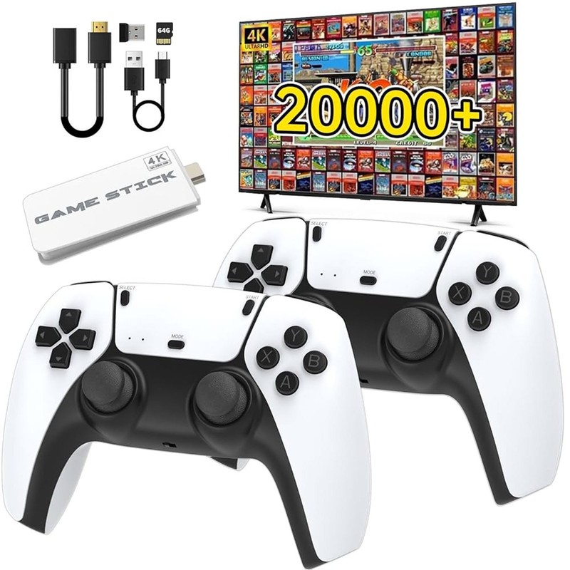 4K Retro Game Console Plug&Play 20000+ Video Game Stick +2x Wireless Controllers