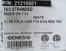 Southwire Genesis 2121 16/2C Riser Alarm/Speaker/Security Cable CMR White /50ft