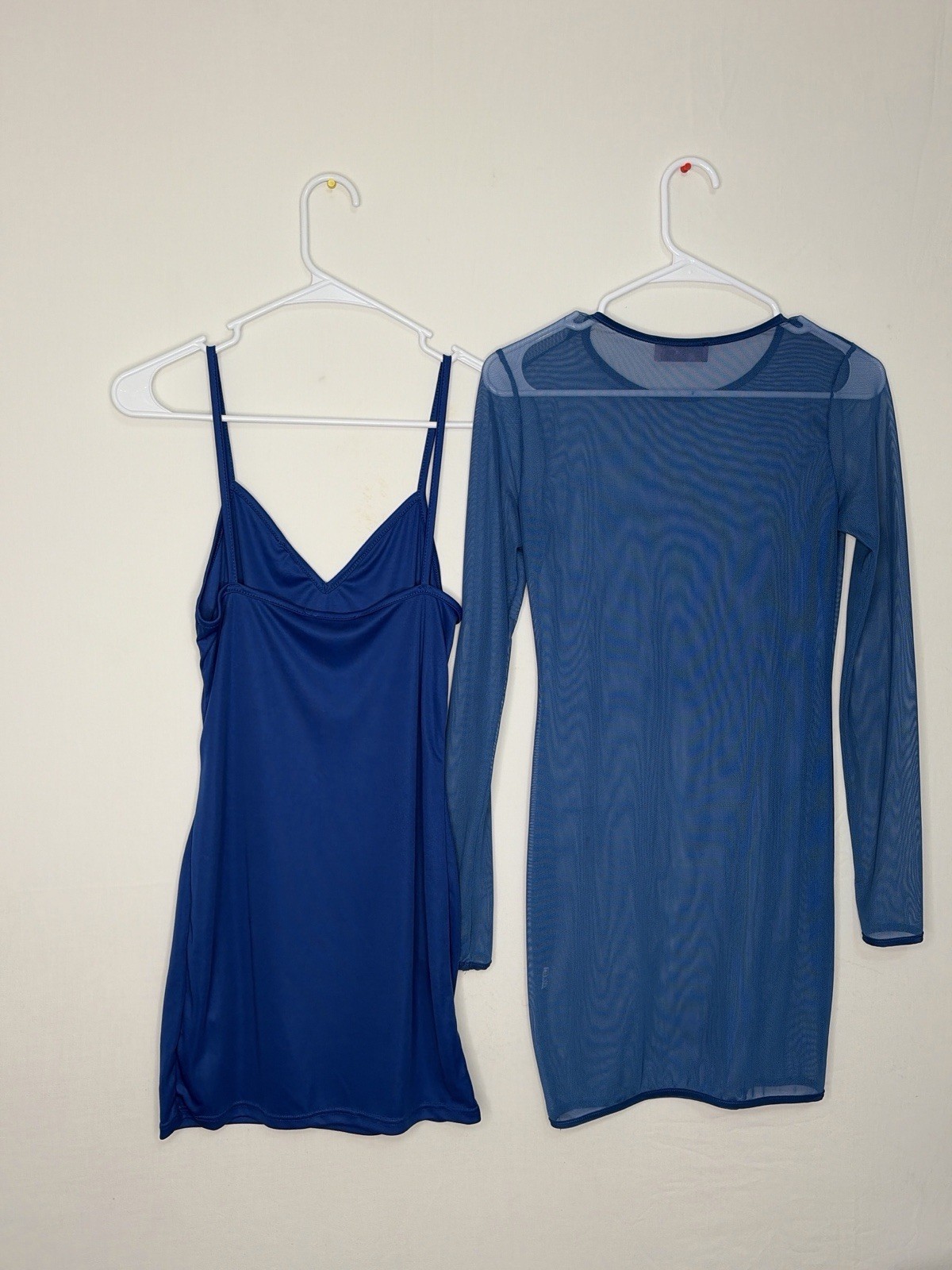 LUX LA Blue Mesh Overlay Dress Set Slip Dress Long Sleeve Medium Stretch USA)E17