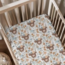 Farm Western Highland Cow Floral Leaves Pattern Baby Sheets for Crib, Unisex ...