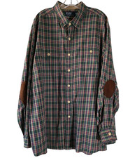 Vintage Ralph Lauren Polo Country Shirt Mens 2XL Green Flannel Plaid Suede Elbow