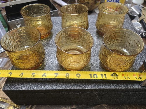 Vintage MCM Amber Bark Textured Rocks Glasses - Set of 6 - Lowball Whiskey