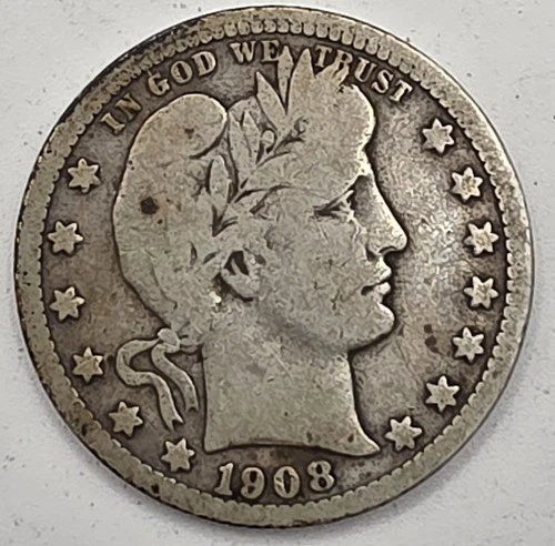 《Silver》1908-D USA BARBER QUARTER -- .1808 OZ of SILVER!!!