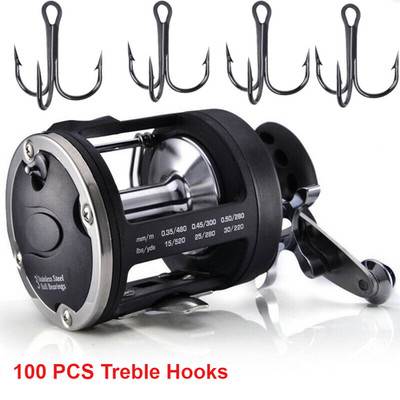 Trolling Fishing Reel Right Hand Bait Casting Fishing Reels +100PCS Treble Hooks