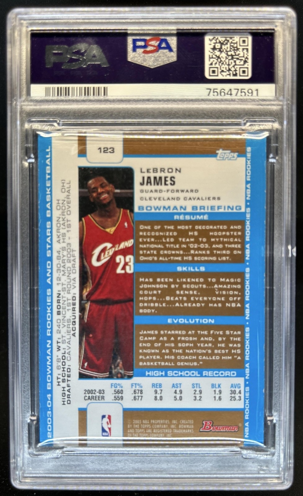 2003-04 Bowman Rookies & Stars LeBron James Gold Rookie RC #123 Cavaliers PSA 7 view 2