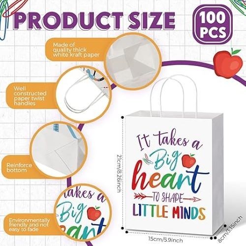 100 Pcs Teacher Appreciation Gift Paper Bag Bulk Teacher Gift Bag with Handle