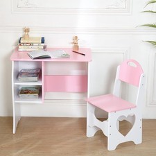 Kids Study Desk and Chair Set, Boys Girls Wooden Writing Table & Storage Shelves