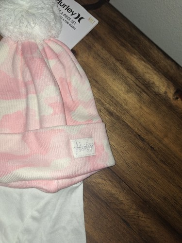 Hurley Girls Large 2 piece Set With Pom Beanie Pink White - Picture 8 of 11