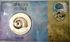 2020 OPALISED FOSSILS- 60 mm GOLD MEDALLION W OPAL- COVER- LTD ED #034/200