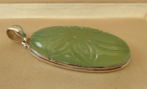 TGGC STERLING SILVER 925 GREEN CHALCEDONY CARVED FLOWER PENDANT - Picture 6 of 13