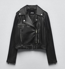 Zara Women 100% Genuine Leather Biker Jacket With Zipper Black Size Xs 5479/243