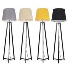 Black Wooden Tripod Floor Lamp Tapered Shade Free Standing Lounge Light LED Bulb