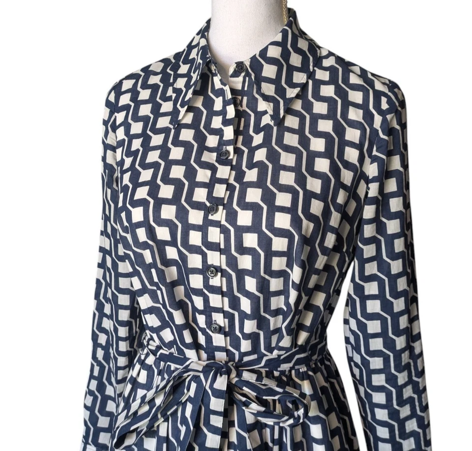 Vestido Camisa Boden Flo Midi En Niveles en Azul Marino Blanco Cubo Geométrico Talla 4 Algodón Foto 4 de 4